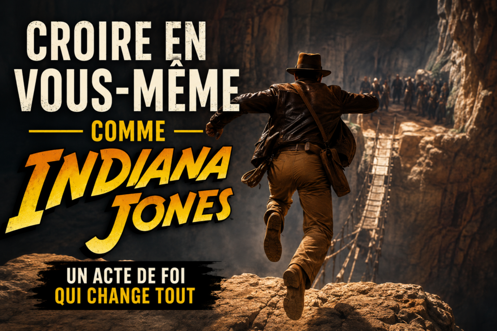 Indiana Jones saute dans le vide, symbole de la confiance en soi, du courage et de l'acte de foi nécessaire pour avancer malgré le doute.