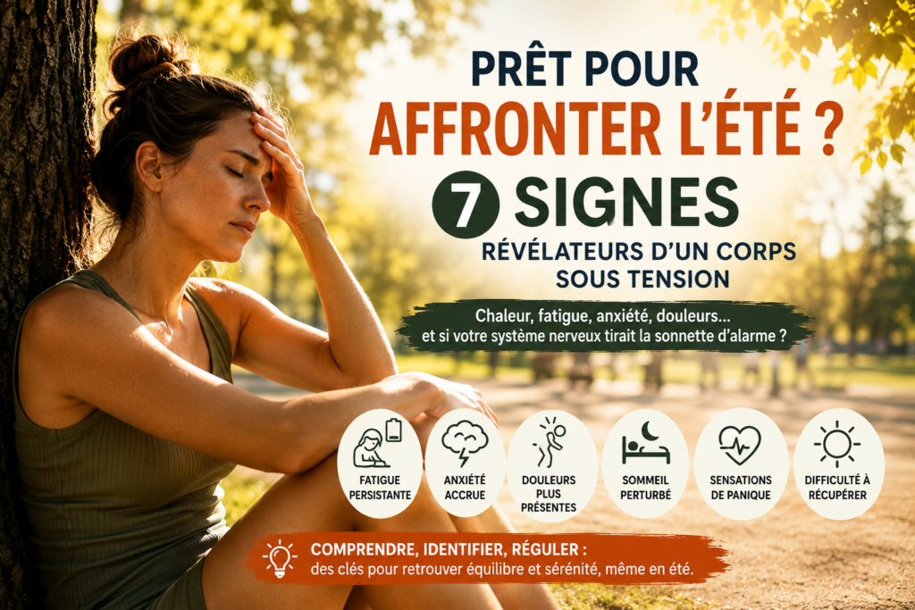 Femme observant un paysage estival, illustrant l'impact de la chaleur sur le système nerveux et la fatigue chronique.