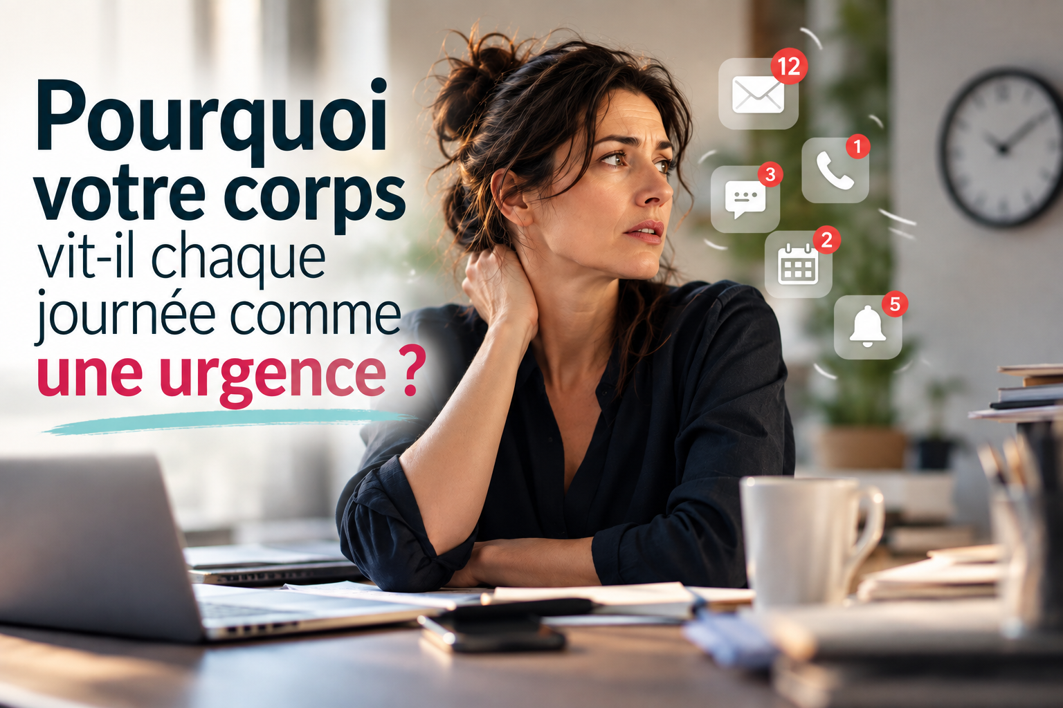 Femme au travail en tension face aux notifications et sollicitations répétées - stress