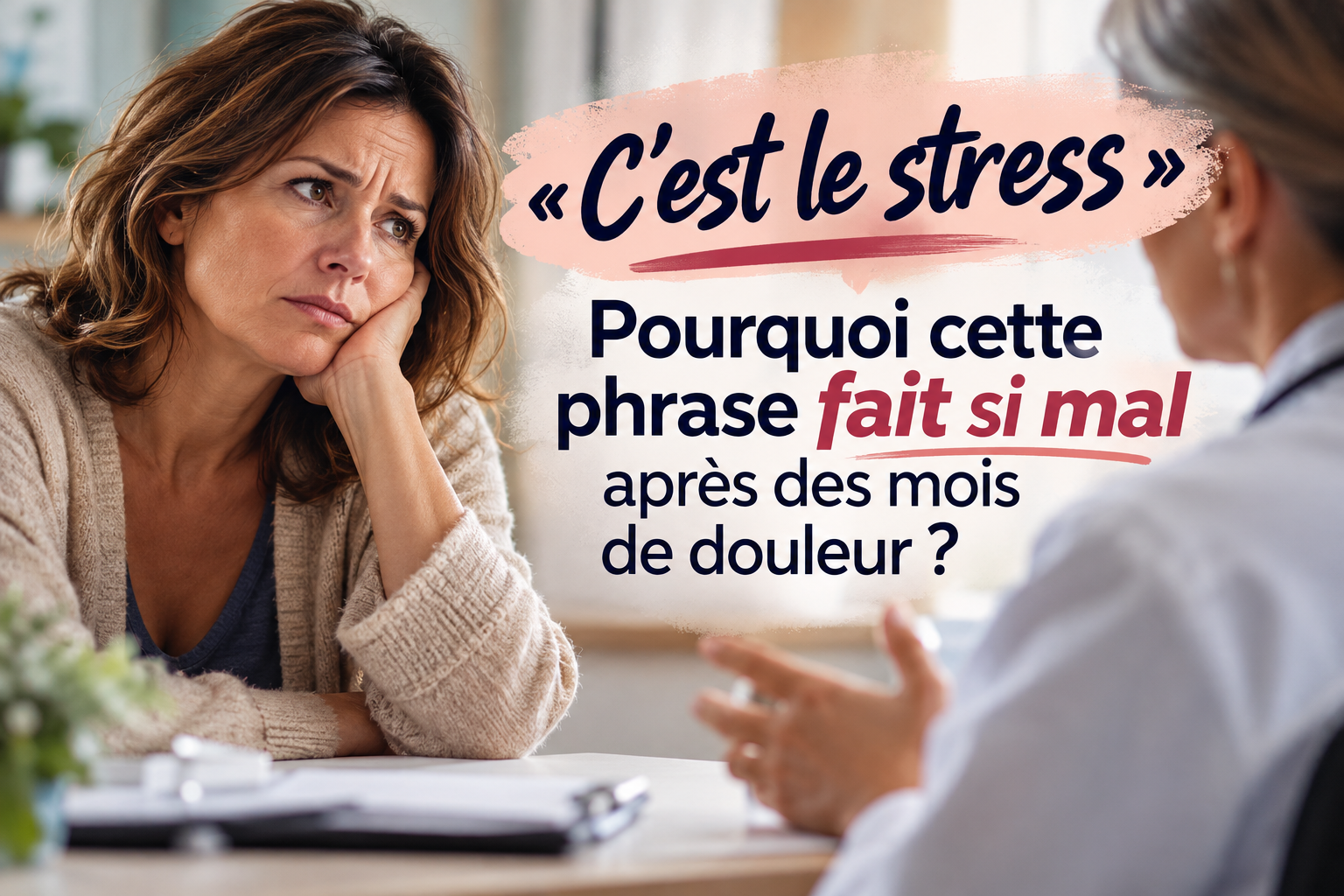 Femme souffrant de douleur chronique face à un médecin qui évoque le stress, avec le titre « C’est le stress » sur l’image.